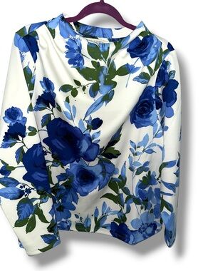 BEAUTIFUL by Lawrence Zarian Printed Scuba Funnel Neck Pullover Sz XL BLUE WHITE